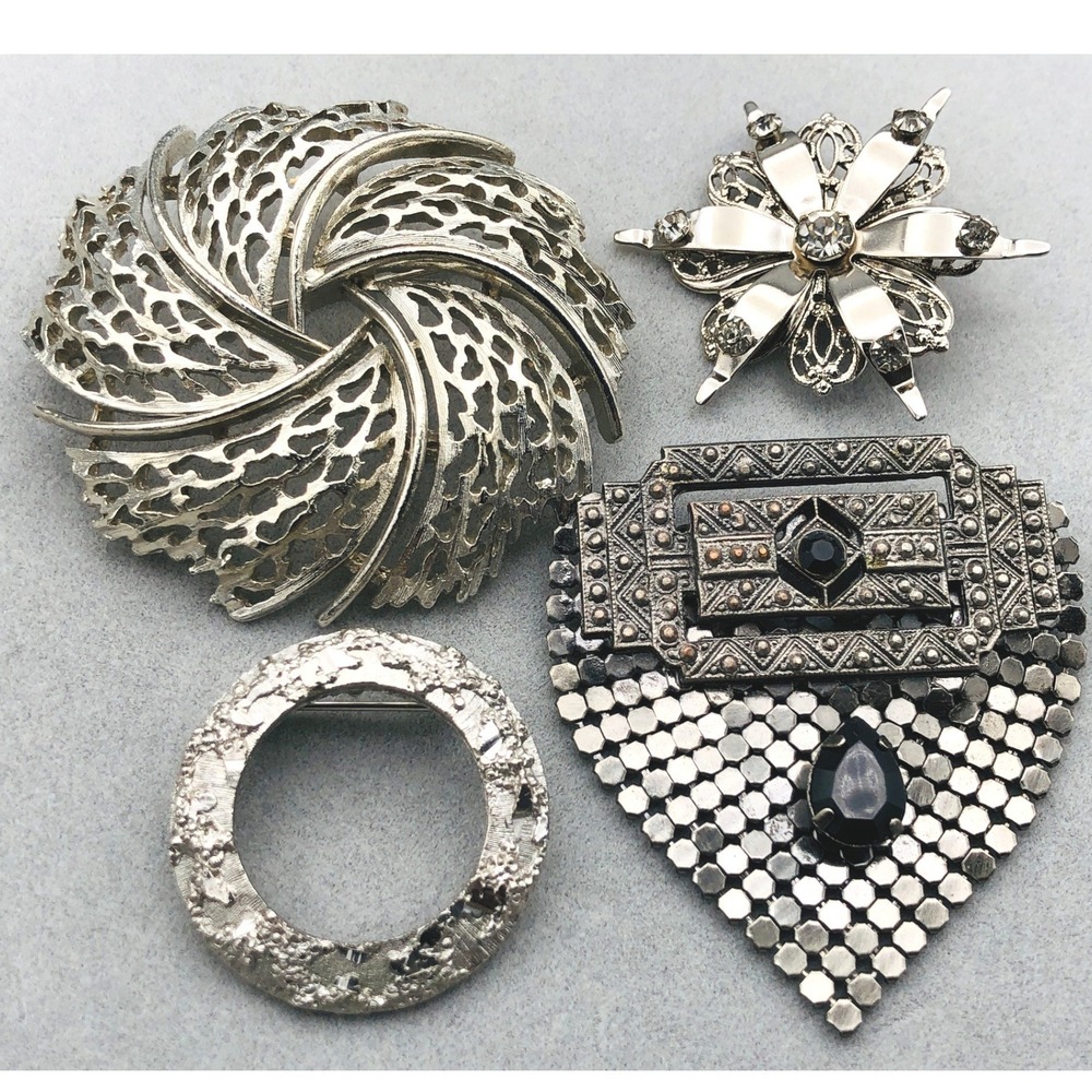 Vintage Mixed Brand Brooch Pin Lot Silver‎ Tone Metal Rhinestone Mesh Art Deco